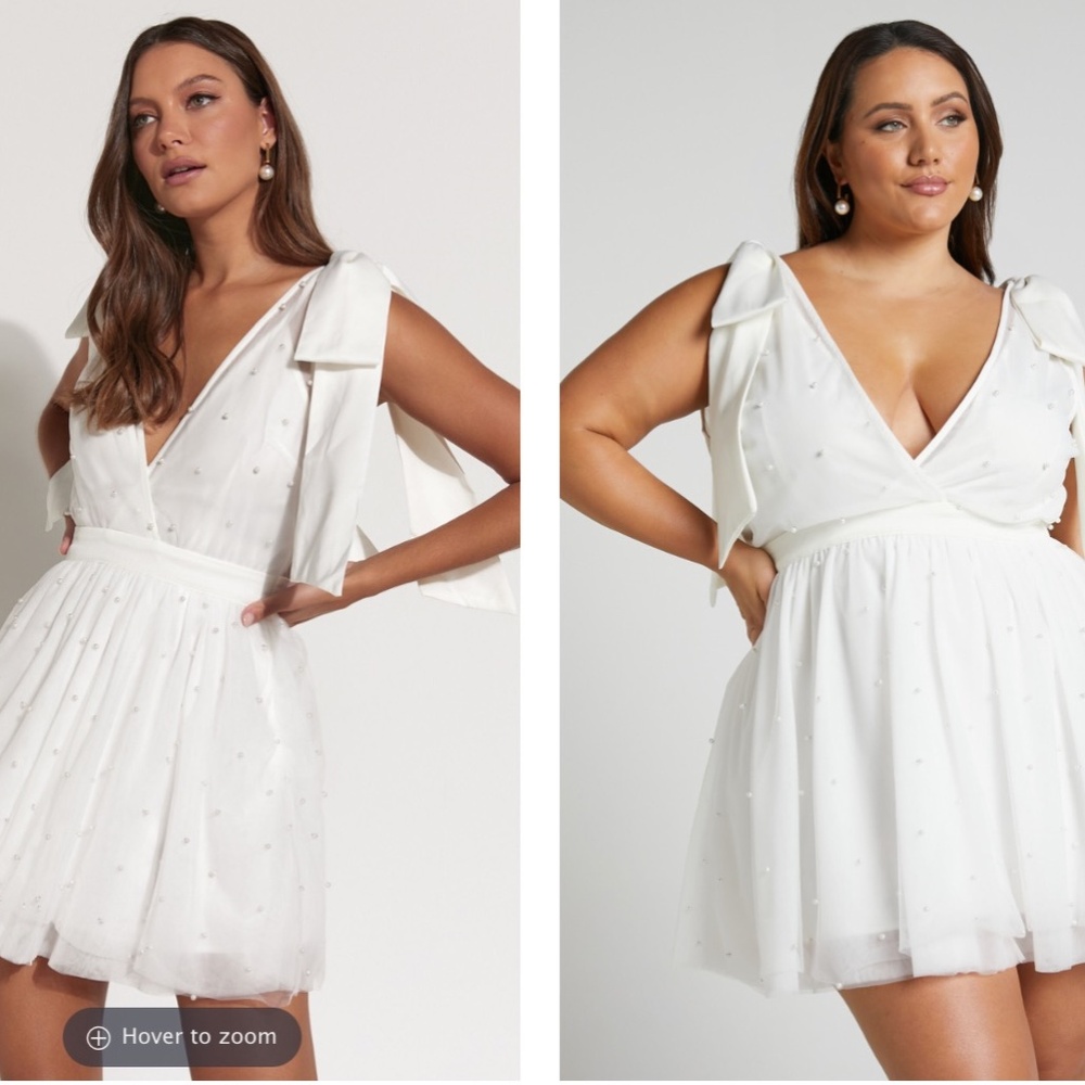 Showpo. Karalyn Mini Dress - Bow Strap Plunge Pearl, 12